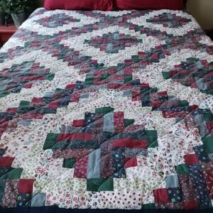 Log Cabin Patchwork Quilt Blue and Burgundy 83" X 83". Great For boy's room.